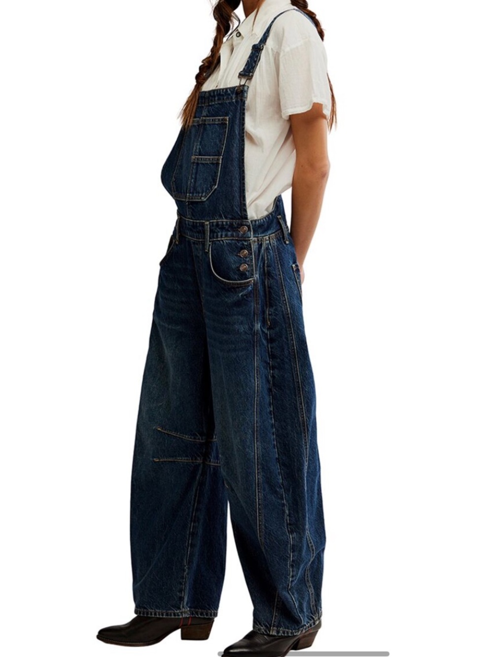 Free People Good Luck Barrel Denim Overalls Dark Wash Deep End - Picture 2 of 9